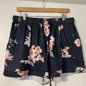 Black/ Grey with Coral Flowers Pull- On Shorts. Size Large.